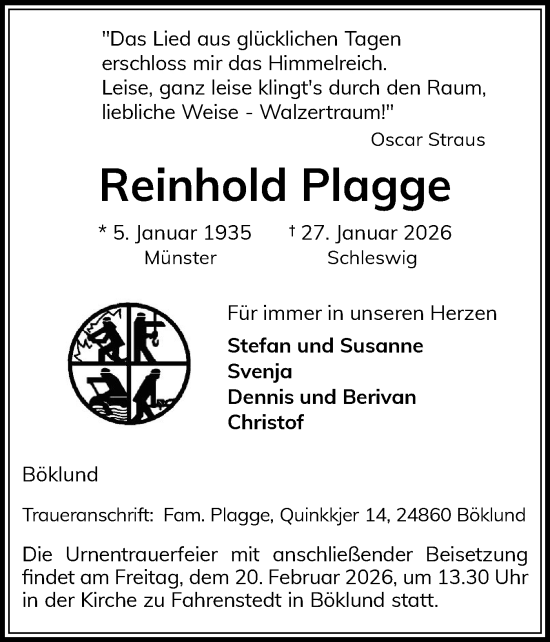 Traueranzeige von Reinhold Plagge von Schleswiger Nachrichten, Schlei-Bote