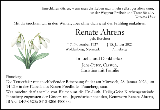 Traueranzeige von Renate Ahrens von Region Pinneberg und tip Pinneberg