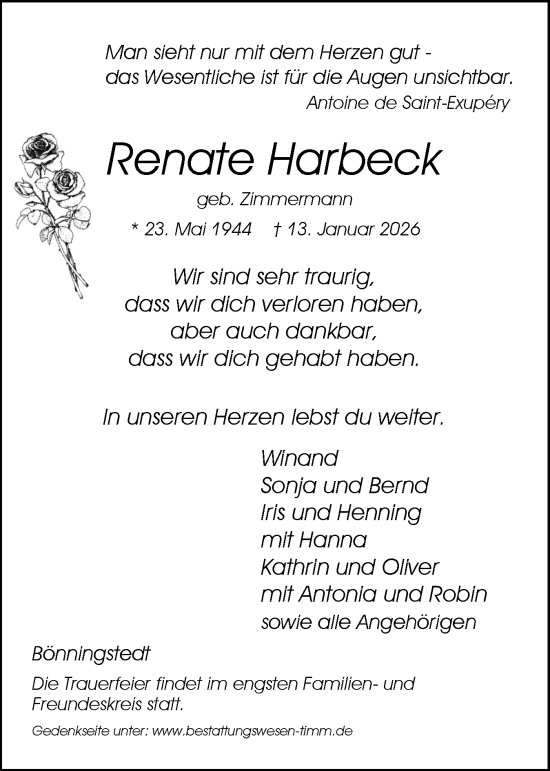 Traueranzeige von Renate Harbeck von Region Pinneberg und tip Pinneberg