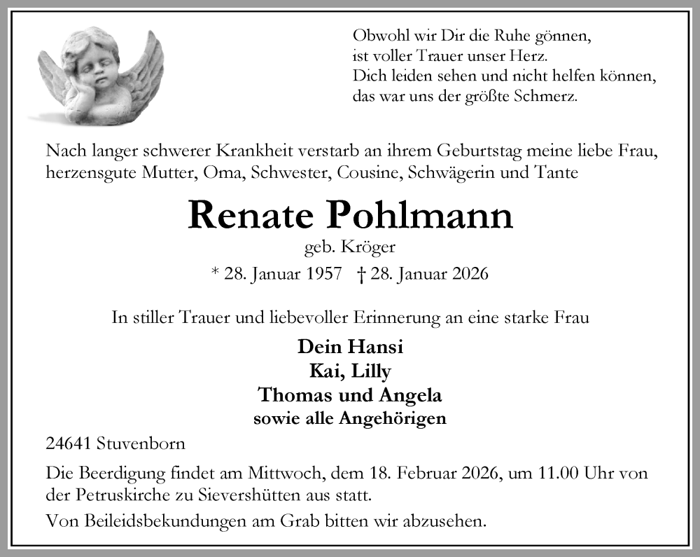  Traueranzeige für Renate Pohlmann vom 07.02.2026 aus Umschau