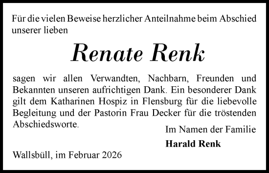 Traueranzeige von Renate Renk von Flensburger Tageblatt