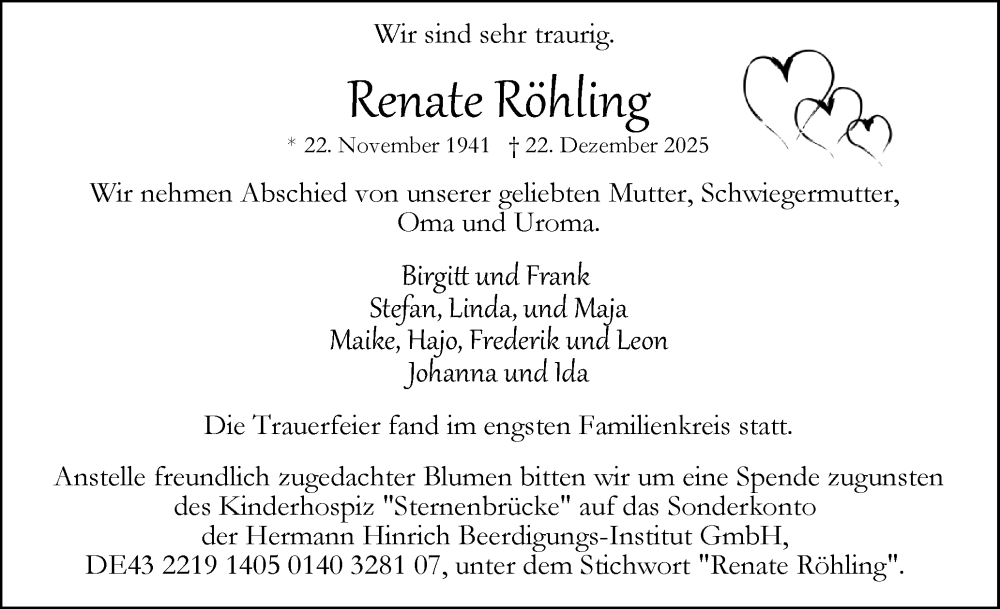  Traueranzeige für Renate Röhling vom 24.01.2026 aus Uetersener Nachrichten, Der tip am Wochenende