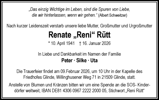 Traueranzeige von Renate Rütt von MARKT Glinde/Reinfeld