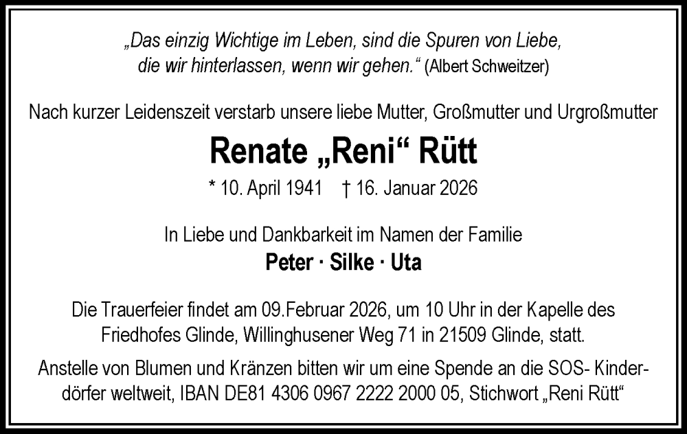  Traueranzeige für Renate Rütt vom 07.02.2026 aus MARKT Glinde/Reinfeld