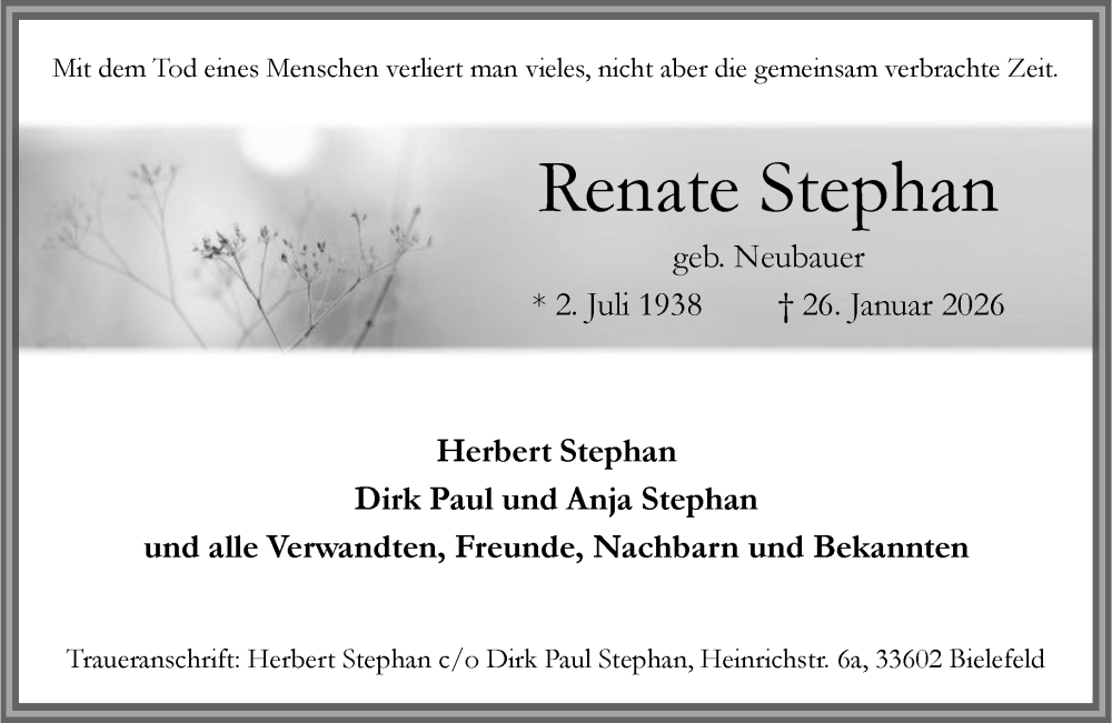  Traueranzeige für Renate Stephan vom 07.02.2026 aus Umschau