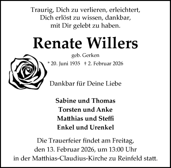 Traueranzeige von Renate Willers von MARKT Bad Oldesloe/Reinfeld und Stormarner Tageblatt