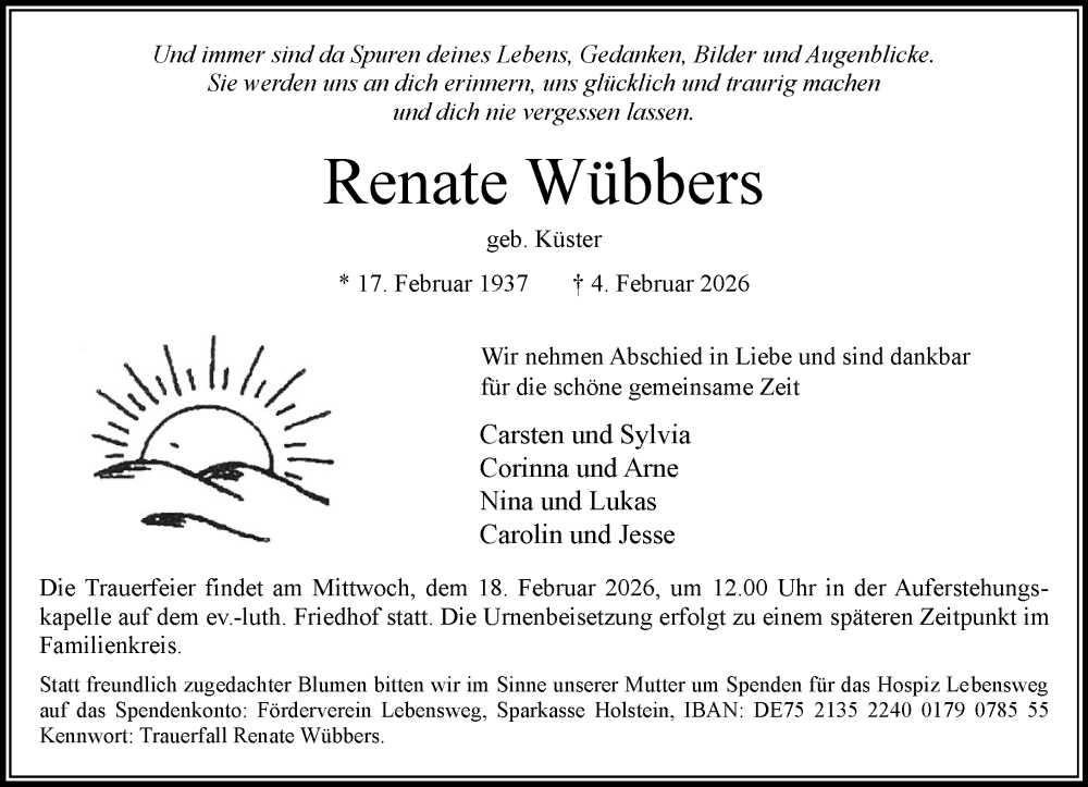  Traueranzeige für Renate Wübbers vom 14.02.2026 aus MARKT Bad Oldesloe/Reinfeld und Stormarner Tageblatt