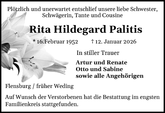 Traueranzeige von Rita Hildegard Palitis von Flensburger Tageblatt
