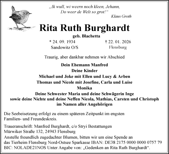 Traueranzeige von Rita Ruth Burghardt von Flensburger Tageblatt