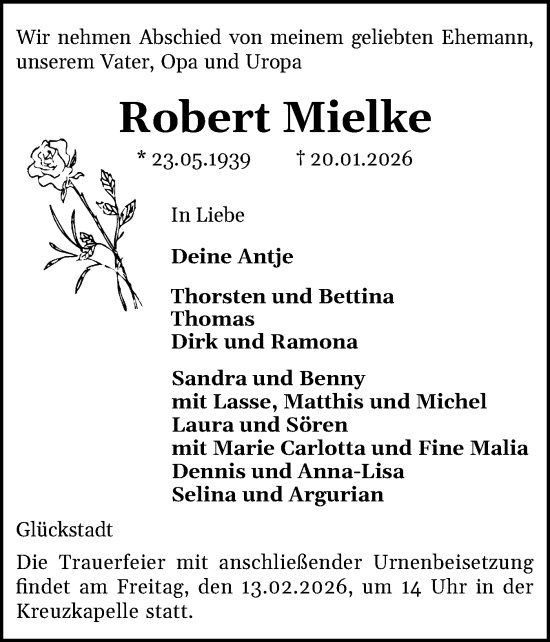 Traueranzeige von Robert Mielke von Norddeutsche Rundschau, Wilstersche Zeitung, Glückstädter Fortuna