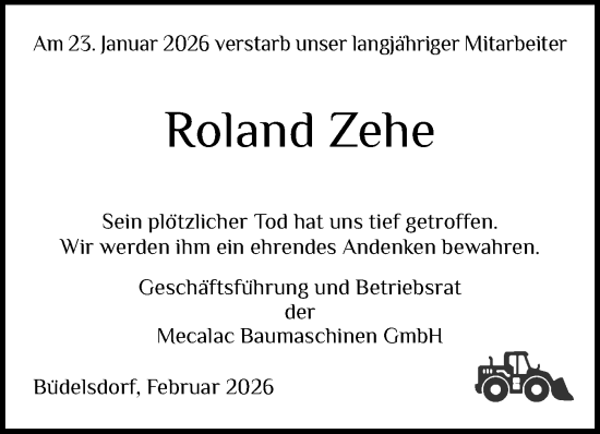 Traueranzeige von Roland Zehe von Schleswig-Holsteinische Landeszeitung
