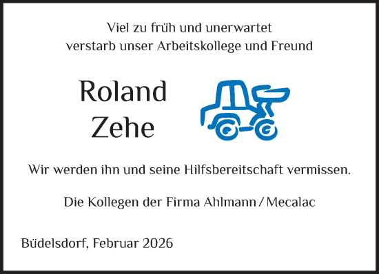 Traueranzeige von Roland Zehe von Schleswig-Holsteinische Landeszeitung