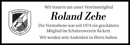 Traueranzeige von Roland Zehe von Schleswig-Holsteinische Landeszeitung