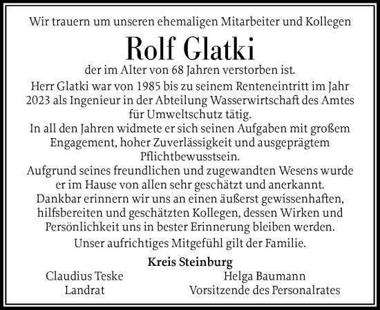 Traueranzeige von Rolf Glatki von Norddeutsche Rundschau, Wilstersche Zeitung, Glückstädter Fortuna