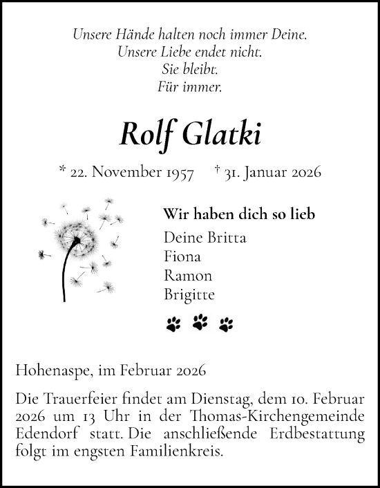 Traueranzeige von Rolf Glatki von Norddeutsche Rundschau, Wilstersche Zeitung, Glückstädter Fortuna