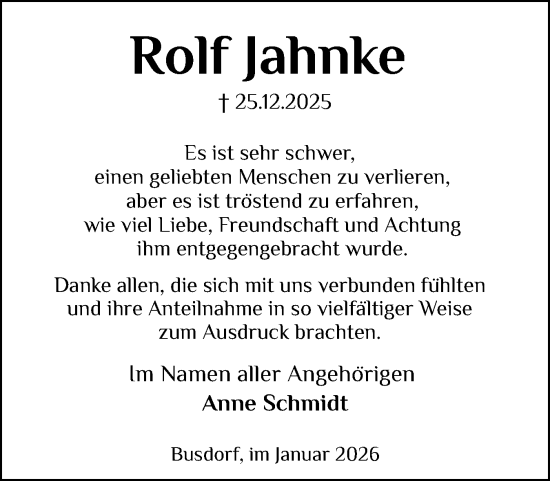 Traueranzeige von Rolf Jahnke von Schleswiger Nachrichten, Schlei-Bote