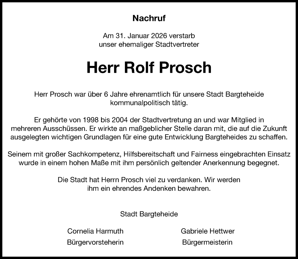  Traueranzeige für Rolf Prosch vom 14.02.2026 aus MARKT Ahrensburg/Bargteheide/Trittau und Stormarner Tageblatt