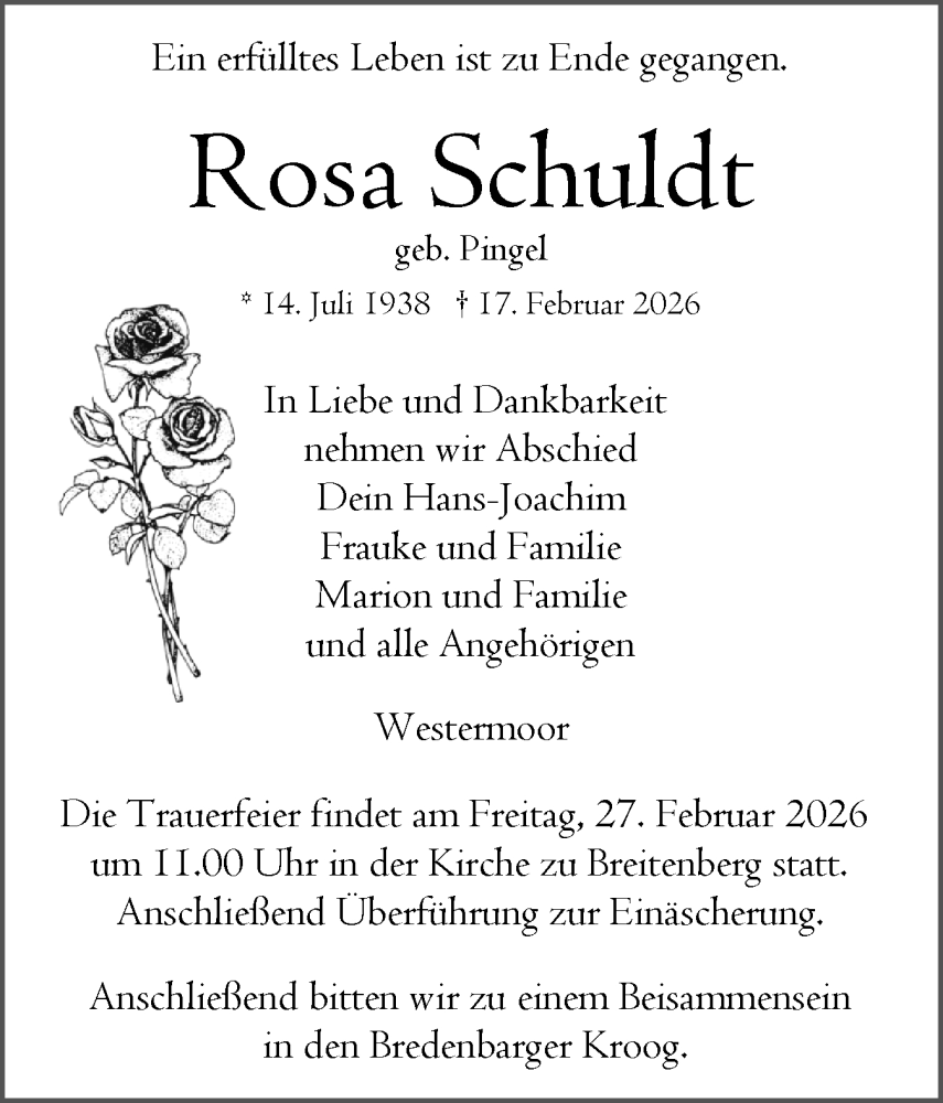  Traueranzeige für Rosa Schuldt vom 21.02.2026 aus Norddeutsche Rundschau, Wilstersche Zeitung, Glückstädter Fortuna