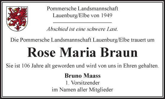 Traueranzeige von Rose Maria Braun von Wochenend Anzeiger
