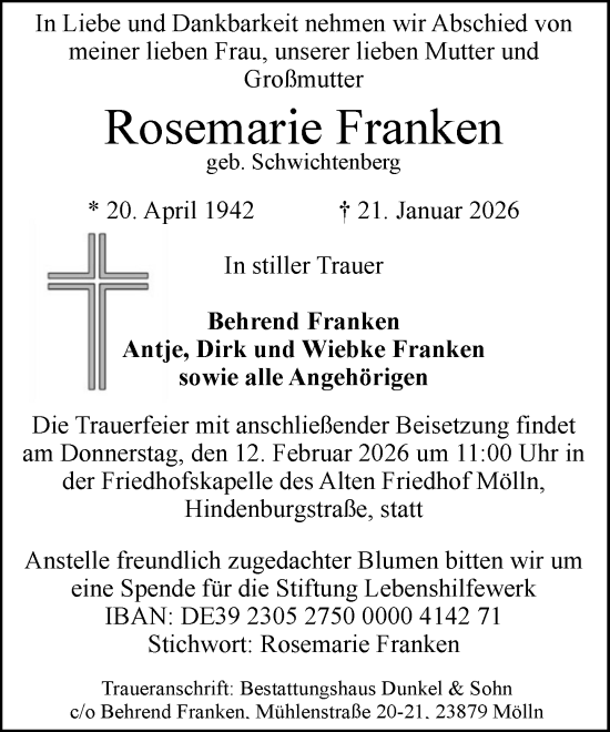 Traueranzeige von Rosemarie Franken von MARKT Ratzeburg/Mölln