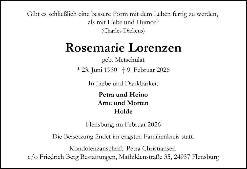  Traueranzeige für Rosemarie Lorenzen vom 14.02.2026 aus Flensburger Tageblatt