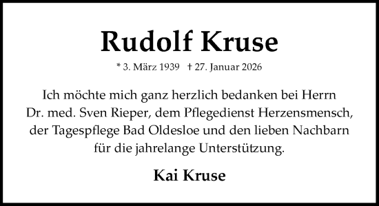 Traueranzeige von Rudolf Kruse von MARKT Bad Oldesloe/Reinfeld und Stormarner Tageblatt