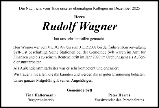 Traueranzeige von Rudolf Wagner von Sylter Rundschau