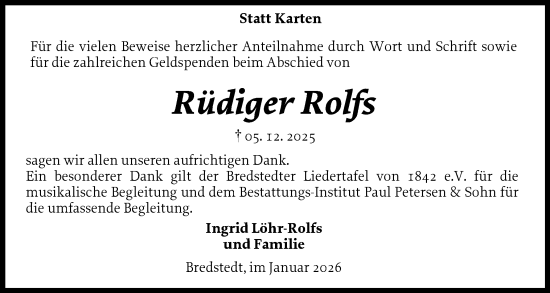 Traueranzeige von Rüdiger Rolfs von Husumer Nachrichten, Nordfriesland Tageblatt