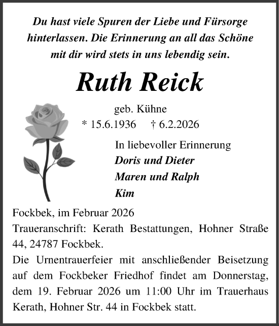 Traueranzeige von Ruth Reick von Schleswig-Holsteinische Landeszeitung