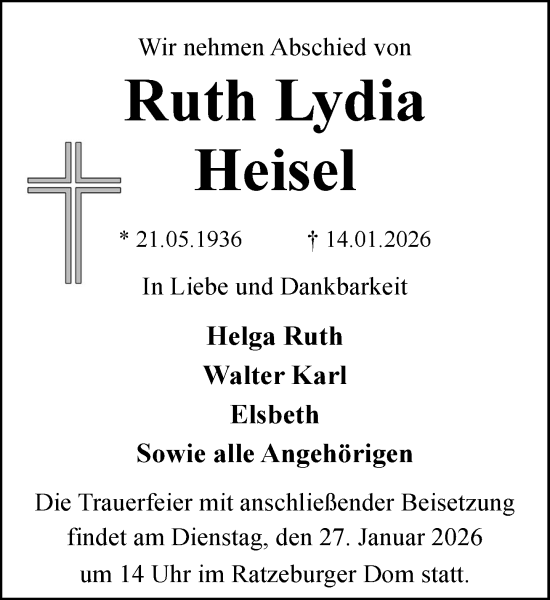 Traueranzeige von Ruth Lydia Heisel von MARKT Ratzeburg/Mölln