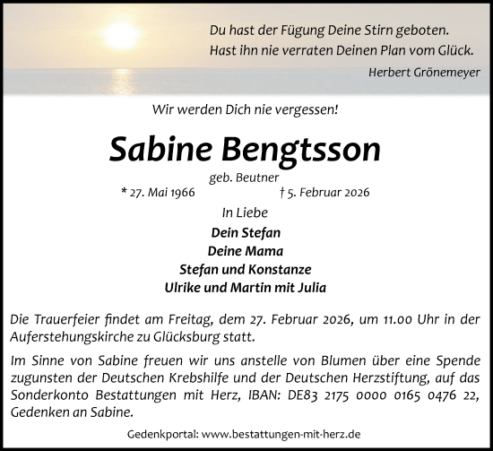 Traueranzeige von Sabine Bengtsson von Region Flensburg