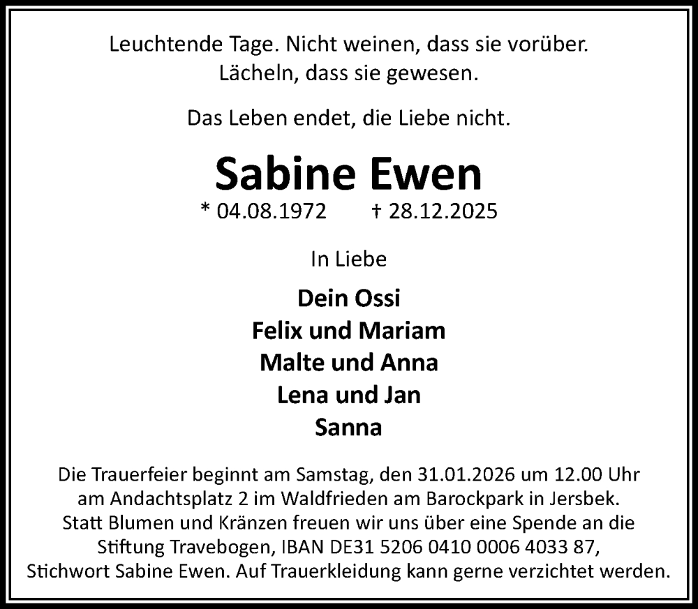  Traueranzeige für Sabine Ewen vom 24.01.2026 aus MARKT Ahrensburg/Bargteheide/Trittau und Stormarner Tageblatt