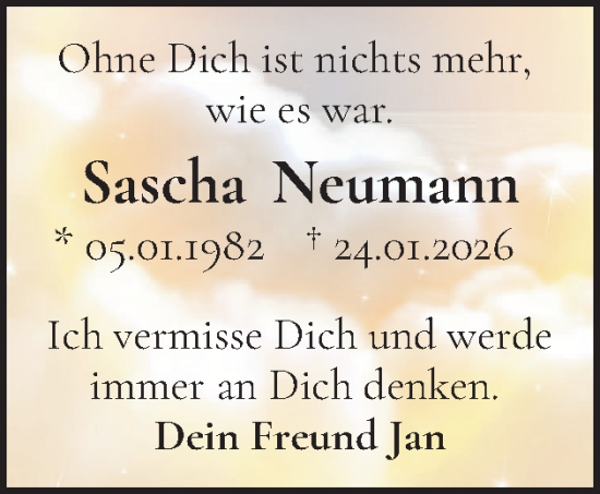 Traueranzeige von Sascha Neumann von Flensburger Tageblatt, Schleswiger Nachrichten, Schlei-Bote