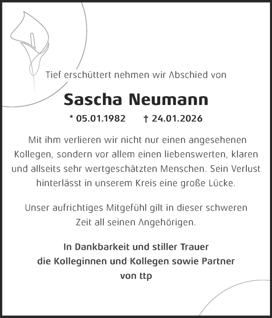 Traueranzeige von Sascha Neumann von Schleswiger Nachrichten, Schlei-Bote