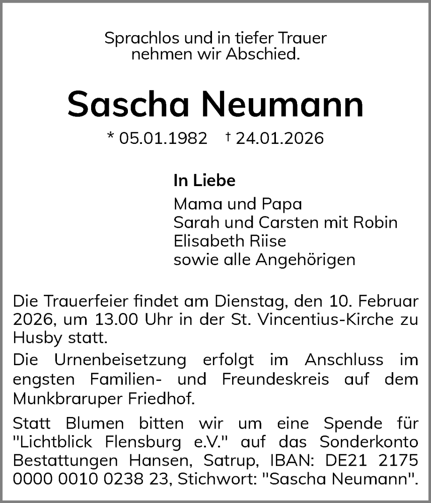  Traueranzeige für Sascha Neumann vom 04.02.2026 aus Flensburger Tageblatt