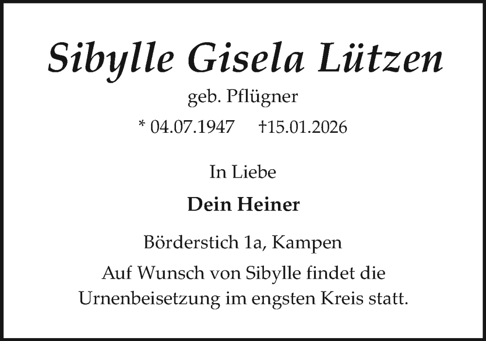  Traueranzeige für Sibylle Gisela Lützen vom 24.01.2026 aus Sylter Rundschau