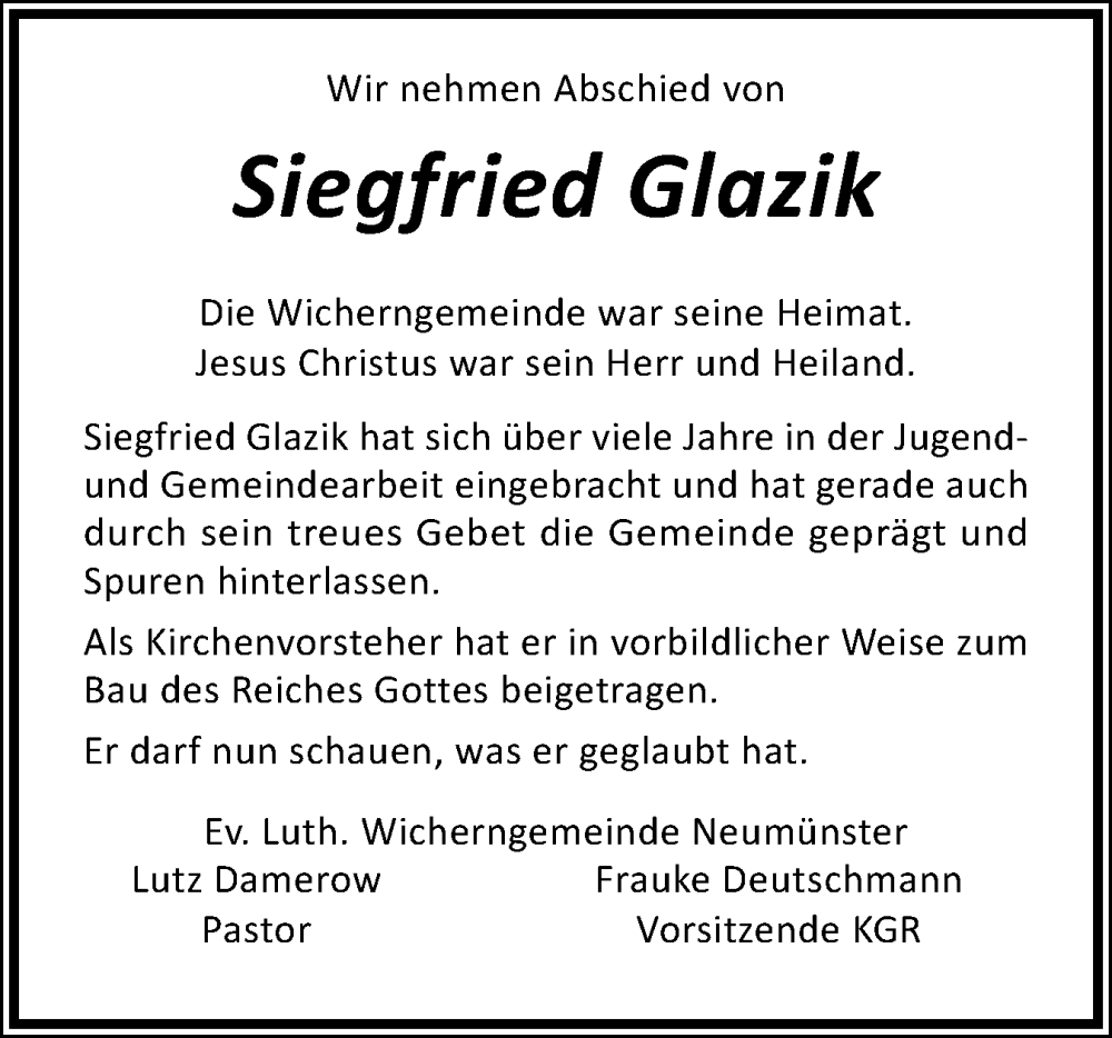  Traueranzeige für Siegfried Glazik vom 14.02.2026 aus Holsteinischer Courier