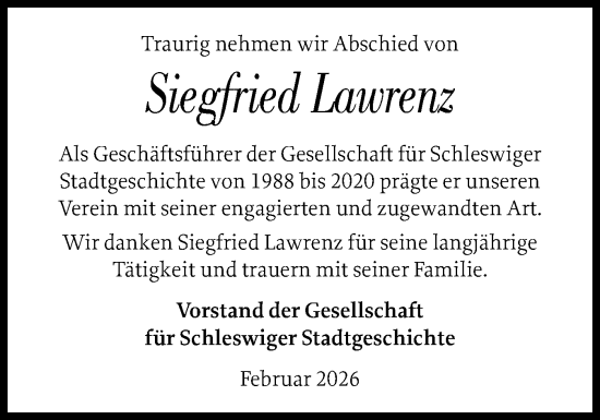 Traueranzeige von Siegfried Lawrenz von Schleswiger Nachrichten, Schlei-Bote