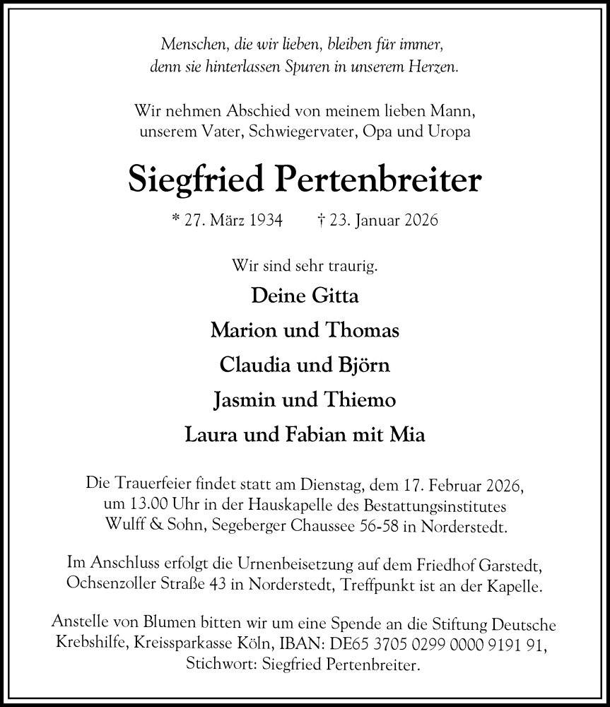  Traueranzeige für Siegfried Pertenbreiter vom 07.02.2026 aus Heimatspiegel