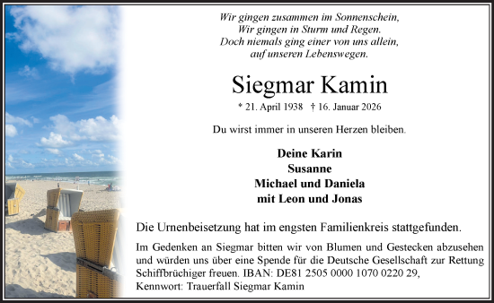 Traueranzeige von Siegmar Kamin von MARKT Bad Oldesloe/Reinfeld und Stormarner Tageblatt