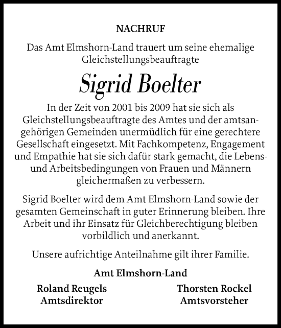 Traueranzeige von Sigrid Boelter von Elmshorner Nachrichten, Barmstedter Zeitung