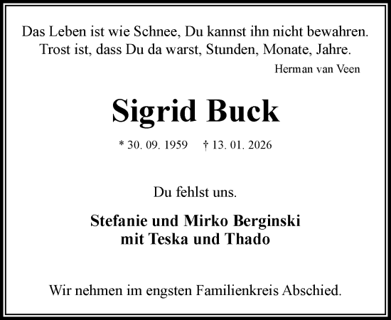 Traueranzeige von Sigrid Buck von MARKT Bad Oldesloe/Reinfeld und Stormarner Tageblatt
