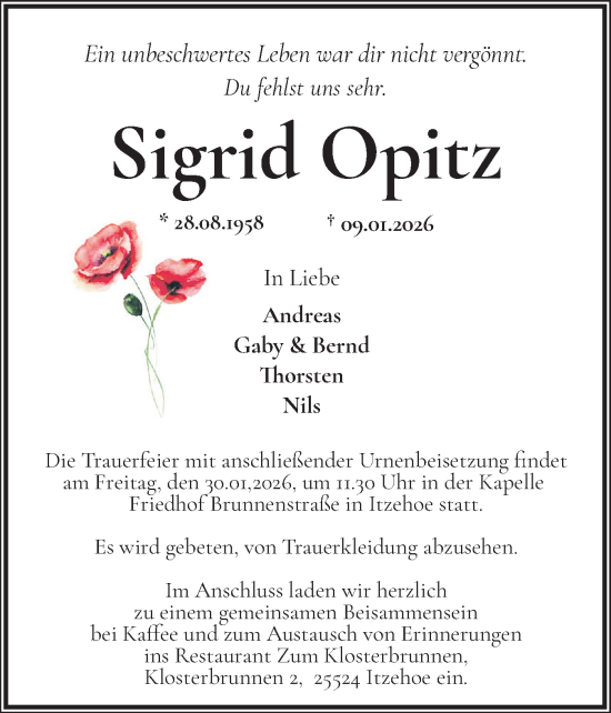Traueranzeige von Sigrid Opitz von Norddeutsche Rundschau, Wilstersche Zeitung, Glückstädter Fortuna