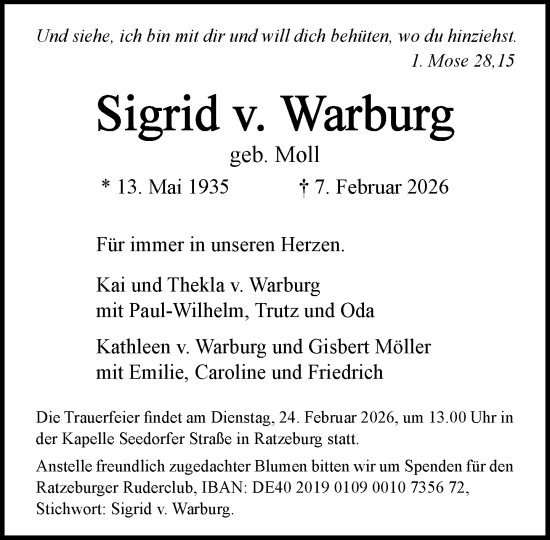 Traueranzeige von Sigrid v. Warburg von MARKT Ratzeburg/Mölln