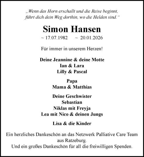 Traueranzeige von Simon Hansen von MARKT Ratzeburg/Mölln