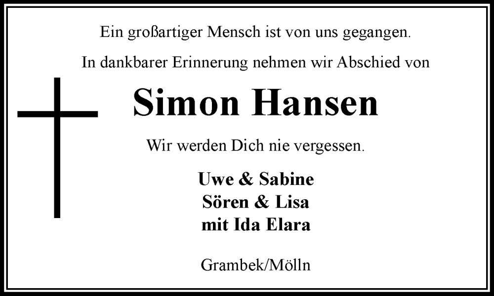  Traueranzeige für Simon Hansen vom 07.02.2026 aus MARKT Ratzeburg/Mölln