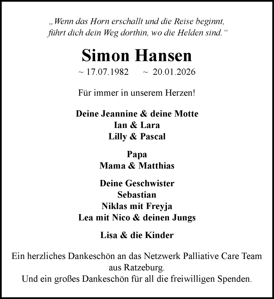  Traueranzeige für Simon Hansen vom 07.02.2026 aus MARKT Ratzeburg/Mölln