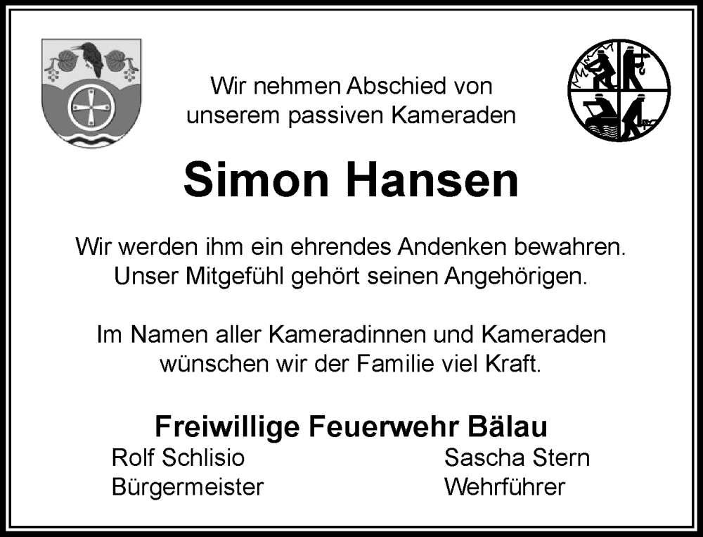  Traueranzeige für Simon Hansen vom 07.02.2026 aus MARKT Ratzeburg/Mölln