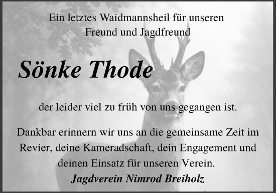 Traueranzeige von Sönke Thode von Schleswig-Holsteinische Landeszeitung