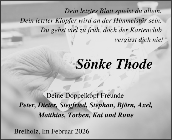 Traueranzeige von Sönke Thode von Schleswig-Holsteinische Landeszeitung